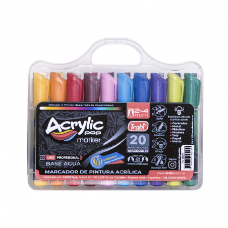Marcador Acrylic Pop 2 - 4 Mm Valija X 20 Colores